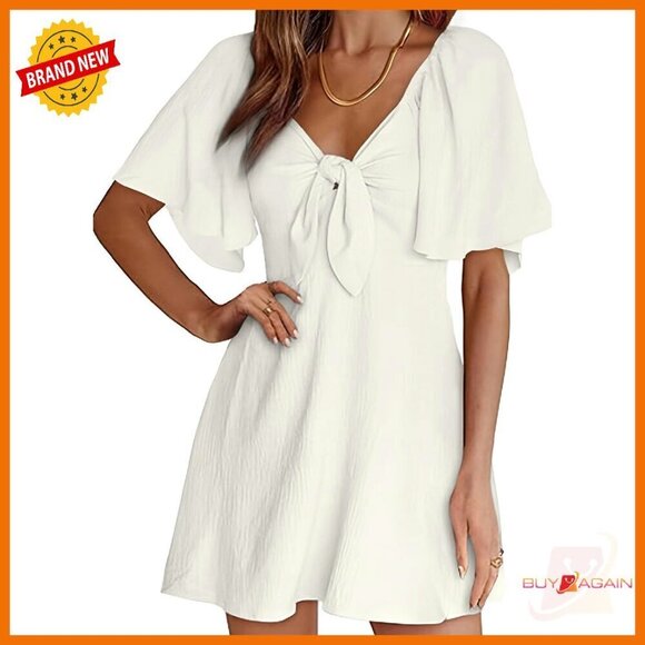 Dresses & Skirts - Deep V Neck Bow Tie Mini Dress Floral Sleeves Summer Casual S-XL